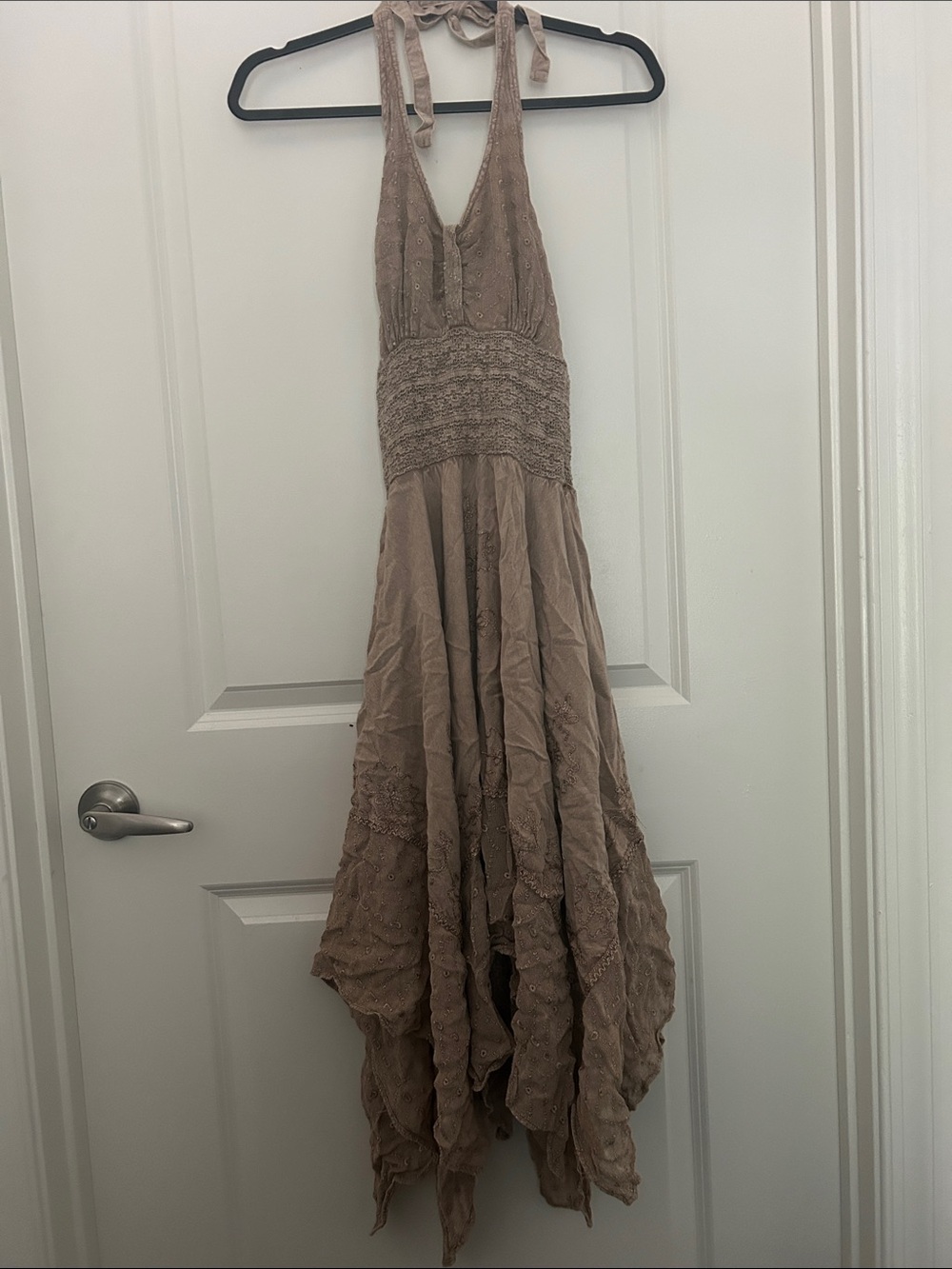 Handkerchief Hem Taupe Halter Maxi Dress